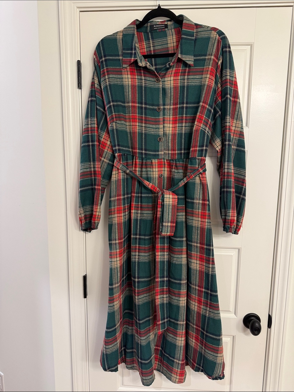 BloomChic Green & Red Plaid Maxi Shirt Dress with Tie